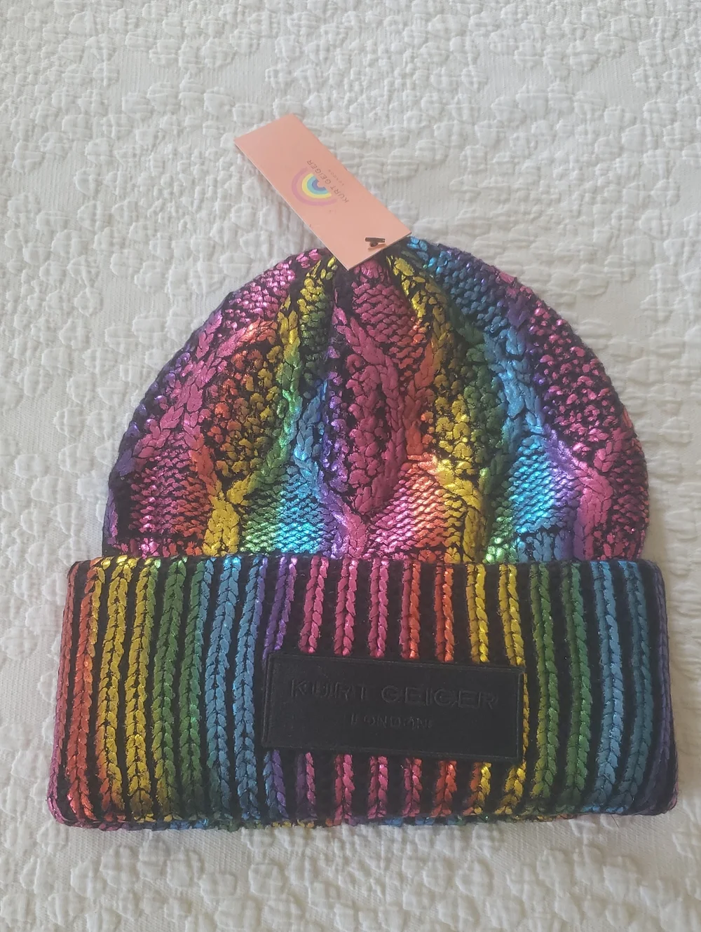 KURT GEIGER LONDON RAINBOW STRIPED KNIT BEANIE /ONE SIZE / IN BLACK MULTI